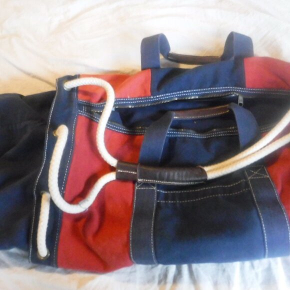 J, Crew Heavy Blue and Red Canvas Duffle Bag J Crew Canvas Rope pull string Bag - Picture 3 of 13